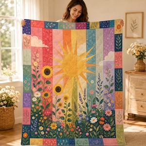 Manta de colcha Colorful Sunshine Wildflower: Manta aconchegante para cama com estampa floral em patchwork arco-íris.