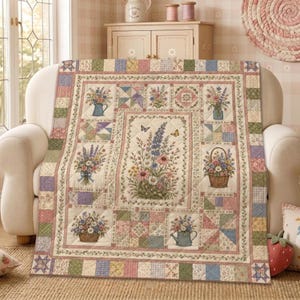 Manta acolchada estilo patchwork con flores silvestres estilo cottagecore: manta acogedora con estampado floral de jardín botánico en tonos pastel.