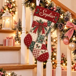 Calcetín navideño personalizado: estilo patchwork con lazo de piña, decoración navideña vintage, recuerdo