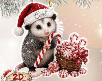 Adorno navideño personalizado de zarigüeya, decoración de bosque con bastones de caramelo