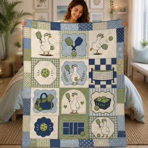 Pickleball Goose Patchwork Style Quilt Blanket: Blue Green Funny Sport Cozy Throw Bedding