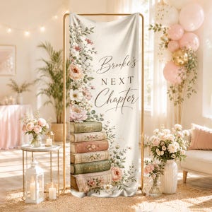 May include: A vertical fabric banner featuring a stack of vintage-style books adorned with watercolor floral illustrations. The text reads Brooke's NEXT Chapter in elegant black script and serif lettering, set against a cream-colored background.