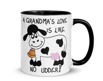 Gift for Grandma Mug - Quote about Grandmothers, Cow Illustration, Colorful Rim, Handle and Inside