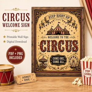 May include: A framed circus welcome sign with vintage-style typography and illustrations of a big top tent, a carousel, and a ferris wheel. The sign features the text 'Step Right Up', 'Welcome to the Circus', and 'Come One, Come All' in red and black.