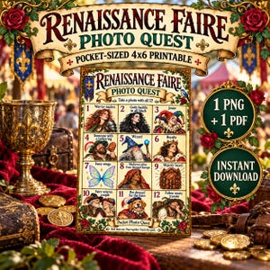 Op de afbeelding: Een 10x15 cm printbare Renaissance Faire foto-questkaart met twaalf genummerde afbeeldingsopdrachten, waaronder een krijger, nar, tovenaar en feeënvleugels. De kaart heeft een decoratieve rand met rode rozen en gouden fleur-de-lis accenten.