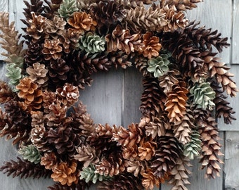 Rustic Pinecone Wreath in Sage, Caramel, espresso, and latte