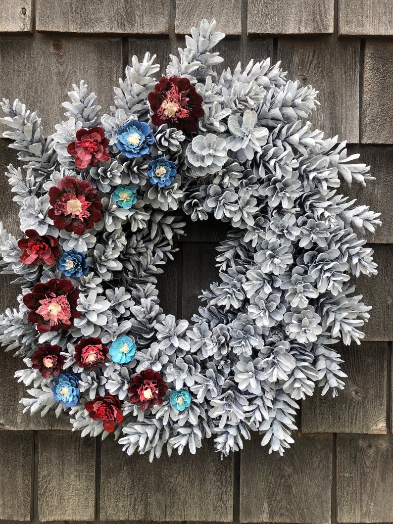 Red white and Blue Pine cone wreath with pine cone flowers Etsy