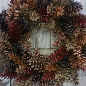 Pinecone Wreath Natural Browns and Barn red - Holiday Wreath, Christmas Wreath