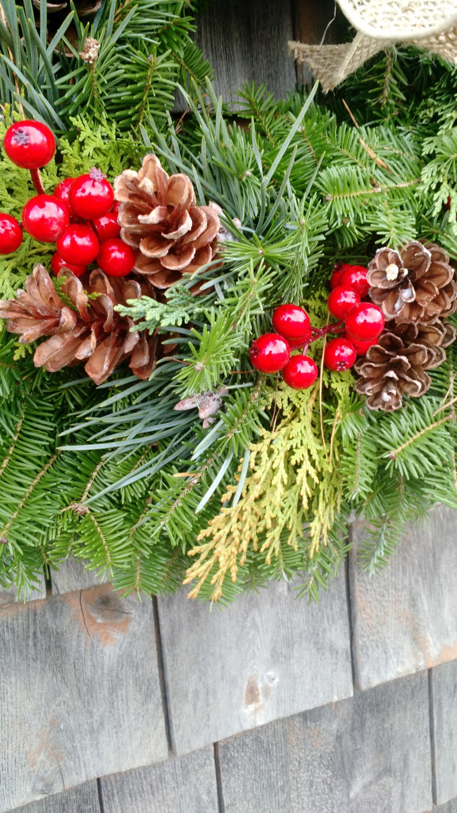 Fresh Maine Christmas Wreath With Faux Holly Berries Etsy
