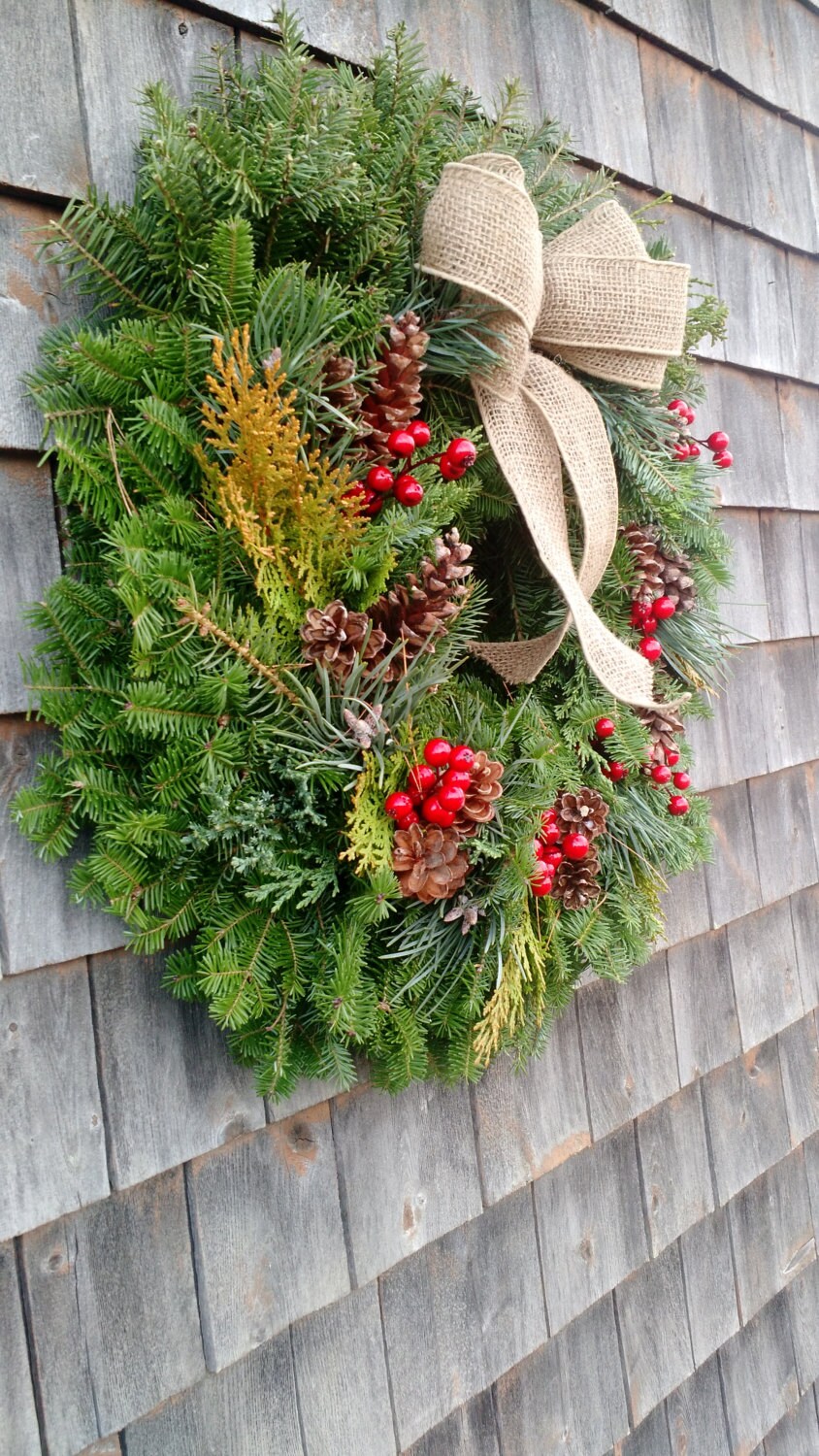 Fresh Maine Christmas Wreath With Faux Holly Berries Etsy
