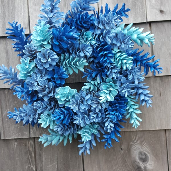 Small Little Hanukkah Beauty - Maine Pinecone Wreath in Blues