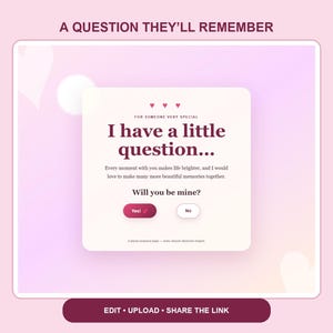 Peut inclure: Une carte de proposition numérique avec un fond dégradé rose clair affichant le texte A QUESTION THEY'LL REMEMBER, I have a little question, Will you be mine, et des boutons Yes et No. En bas, une barre avec EDIT, UPLOAD, SHARE THE LINK.