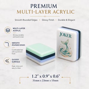 May include: Two rectangular multi-layer acrylic tiles with smooth rounded edges and a glossy finish. One tile is standing upright, featuring the text JOKER and a whale tail illustration. The tiles measure 1.2 inches by 0.9 inches by 0.6 inches.
