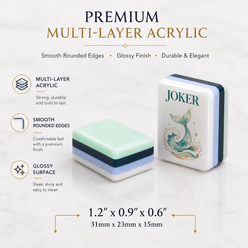 May include: Two rectangular multi-layer acrylic tiles with smooth rounded edges and a glossy finish. One tile is standing upright, featuring the text JOKER and a whale tail illustration. The tiles measure 1.2 inches by 0.9 inches by 0.6 inches.