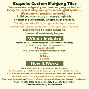 K&ouml;nnte beinhalten: Eine beige Infografik mit dunkelgr&uuml;nem und braunem Text &uuml;ber individuelle Mahjong-Spielsteine. Sie listet ein 160-teiliges Set auf, darunter Bams, Cracks, Dots, N E W S, Drachen, Blumen, Joker und Leerzeichen, sowie den Designprozess.