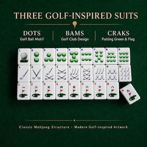 May include: A set of white mahjong tiles arranged in rows, featuring golf-themed illustrations. The top row shows dots as golf balls, the middle row shows bams as golf clubs, and the bottom row shows craks as putting greens with flags.