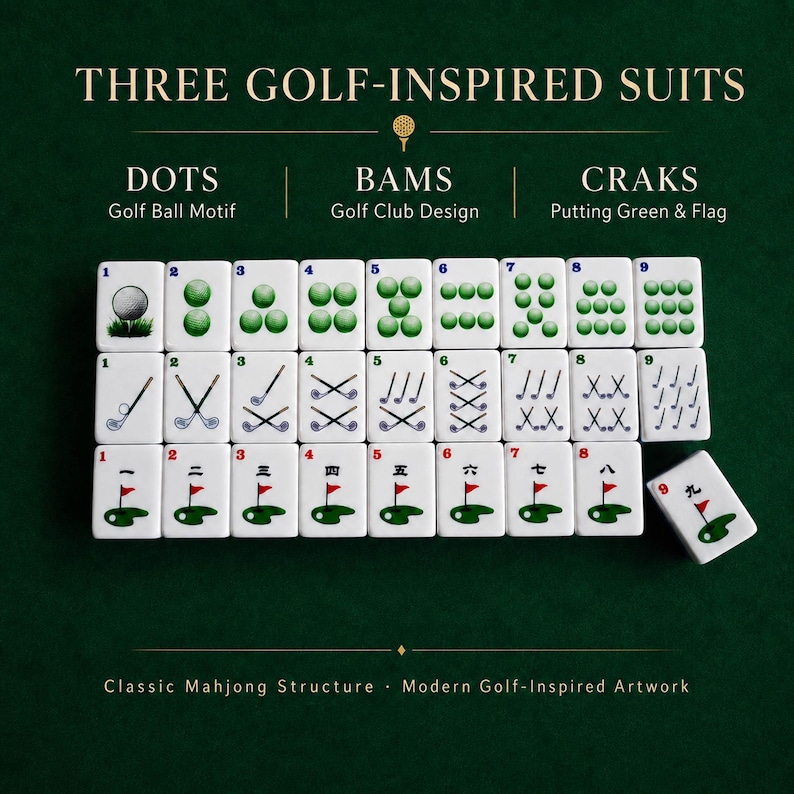 May include: A set of white mahjong tiles arranged in rows, featuring golf-themed illustrations. The top row shows dots as golf balls, the middle row shows bams as golf clubs, and the bottom row shows craks as putting greens with flags.