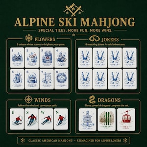 Pu&ograve; includere: Un tabellone di gioco verde scuro con la scritta "Alpine Ski Mahjong". Il gioco presenta tessere con scene invernali, sciatori e grafiche di seggiovie. Il gioco &egrave; "reimmaginato per gli amanti delle Alpi."