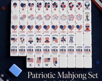 Patriotic American Mahjong Set, Fourth of July Acrylic Mahjong Tiles, UV Printed Red White Blue Game Night Gift
