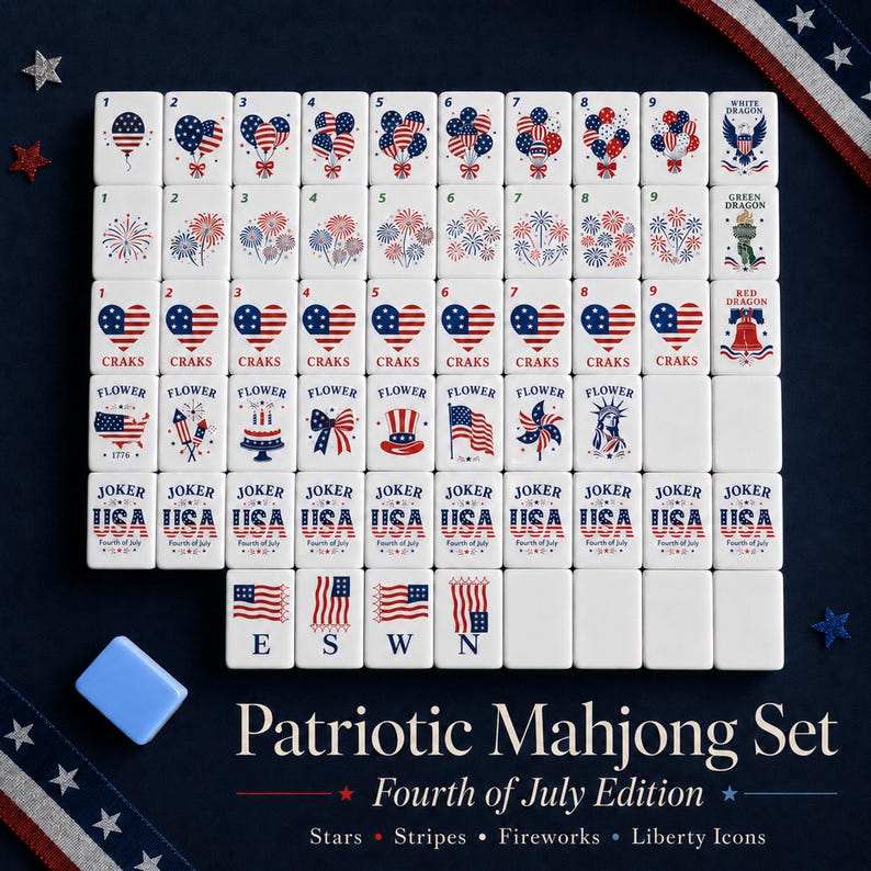 May include: A white mahjong tile set featuring patriotic American themes including red, white, and blue balloons, fireworks, heart-shaped flags, and liberty icons. The tiles display numbers, suits, and text such as Joker USA, Fourth of July, and 1776.
