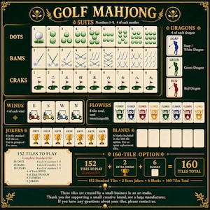 May include: A Golf Mahjong game reference chart on a dark green background. It displays tile categories including Dots, Bams, Craks, Dragons, Winds, Flowers, Jokers, and Blanks. The chart details a 152-tile standard set and a 160-tile option.