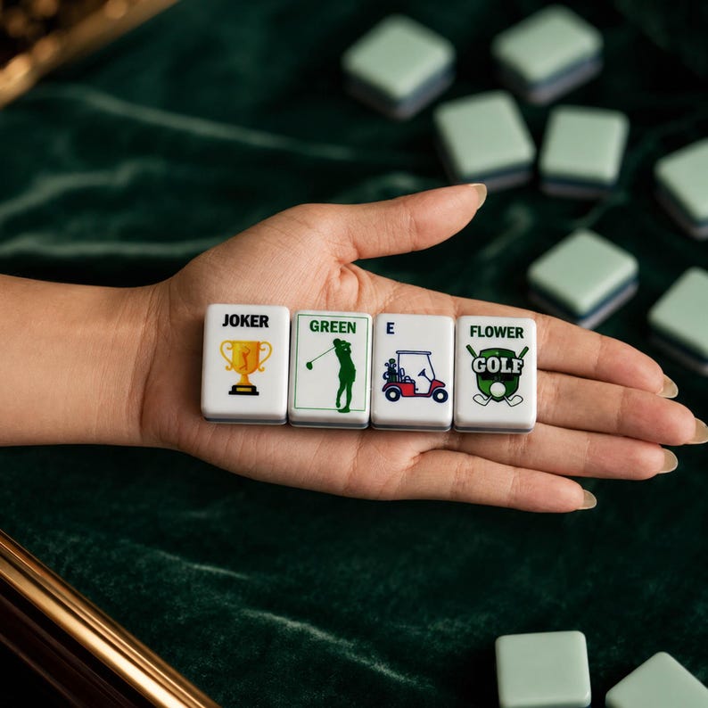 May include: Four rectangular white mahjong tiles featuring golf-themed graphics. The tiles display the text JOKER with a gold trophy, GREEN with a silhouette of a golfer, E with a golf cart, and FLOWER GOLF with crossed golf clubs and a ball.