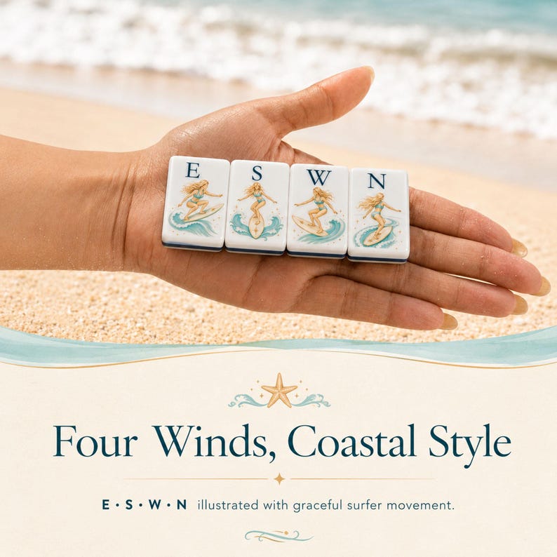 May include: Four white rectangular tiles featuring illustrations of a surfer on a wave, each marked with the letters E, S, W, and N in dark blue. The tiles are arranged in a row, displaying a consistent coastal design with blue and tan accents.