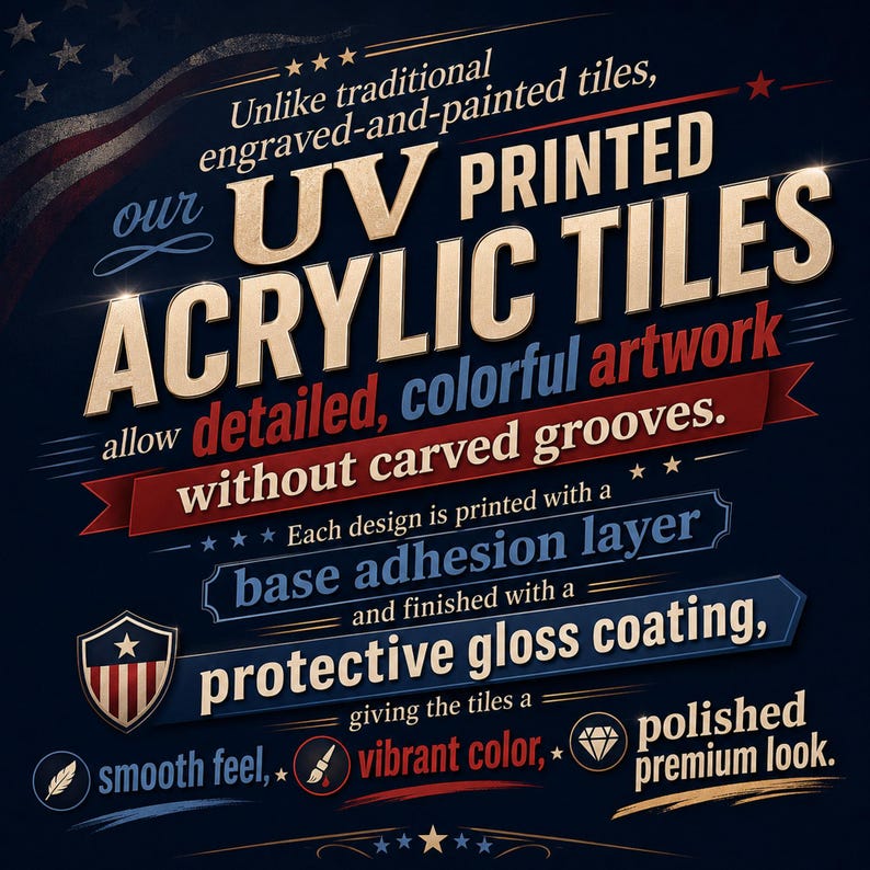 May include: A dark blue informational graphic featuring the text: Unlike traditional engraved-and-painted tiles, our UV PRINTED ACRYLIC TILES allow detailed, colorful artwork without carved grooves. Each design is printed with a base adhesion layer and finished with a protective gloss coating, giving the tiles a smooth feel, vibrant color, polished premium look. A small shield icon with stars and stripes is included.