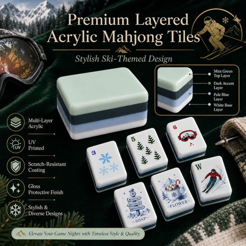 Pu&ograve; includere: Tessere Mahjong in acrilico multistrato di alta qualit&agrave; con un elegante design a tema sci. Le tessere presentano uno strato superiore verde menta, uno strato di accento scuro, uno strato blu pallido e uno strato di base bianco. Il testo include "SOAP" e "FLOWER".