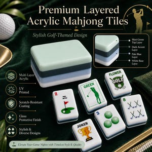 May include: Premium layered acrylic Mahjong tiles featuring a golf-themed design. The tiles consist of mint green, dark, pale blue, and white layers. Graphics include golf clubs, balls, a flag, and a trophy with text like GOLF, GREEN, and JOKER.