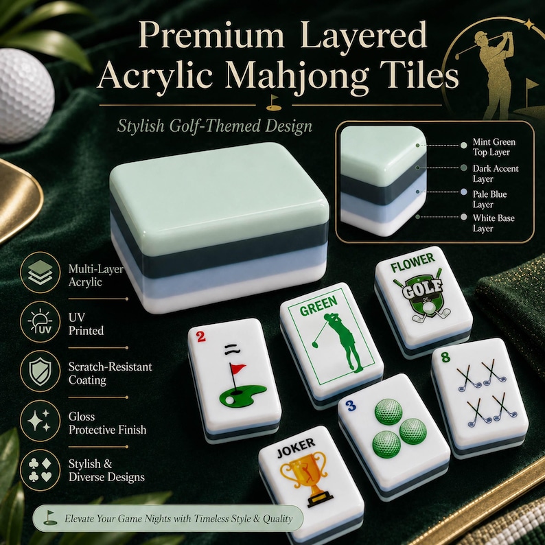 May include: Premium layered acrylic Mahjong tiles featuring a golf-themed design. The tiles consist of mint green, dark, pale blue, and white layers. Graphics include golf clubs, balls, a flag, and a trophy with text like GOLF, GREEN, and JOKER.