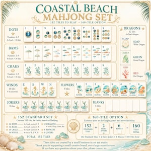 May include: A Coastal Beach Mahjong set featuring 152 tiles with a 160-tile option. The set includes dots, bams, craks, winds, flowers, jokers, and blanks, with illustrations of beach umbrellas, surfboards, and sea life on a cream background.
