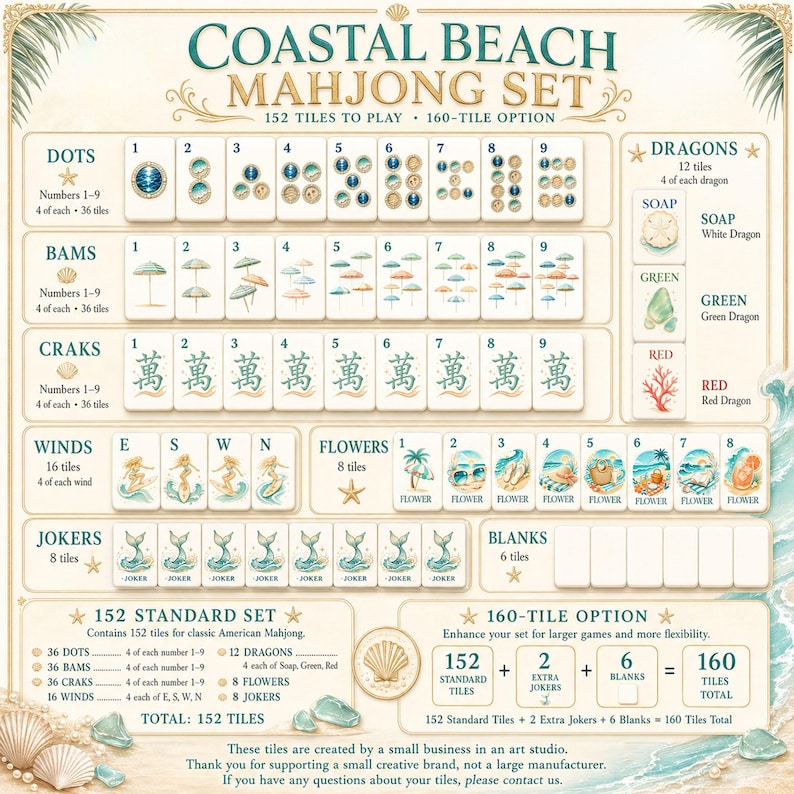 May include: A Coastal Beach Mahjong set featuring 152 tiles with a 160-tile option. The set includes dots, bams, craks, winds, flowers, jokers, and blanks, with illustrations of beach umbrellas, surfboards, and sea life on a cream background.