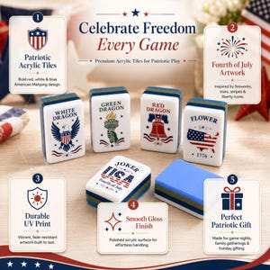 May include: A set of white acrylic mahjong tiles featuring red, white, and blue patriotic graphics including an eagle, the Statue of Liberty torch, a liberty bell, a map of the USA, and fireworks. The tiles have a smooth gloss finish and UV print.