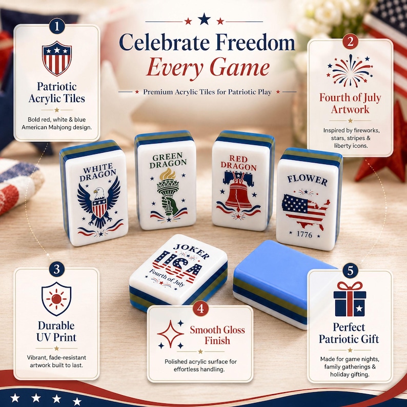 May include: A set of white acrylic mahjong tiles featuring red, white, and blue patriotic graphics including an eagle, the Statue of Liberty torch, a liberty bell, a map of the USA, and fireworks. The tiles have a smooth gloss finish and UV print.