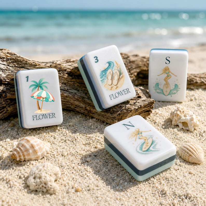 May include: Four rectangular white tiles with rounded corners, each featuring a unique beach-themed illustration and text. The tiles display numbers 1 and 3, and letters S and N, alongside graphics of a palm tree, umbrella, flip-flops, and surfers.