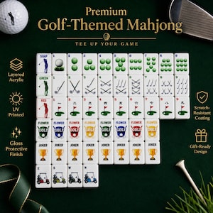 May include: A golf-themed Mahjong set with layered acrylic tiles. The tiles display golf imagery, including golf balls, clubs, and carts. The set has a scratch-resistant coating and a gift-ready design. The measurements are in cm.
