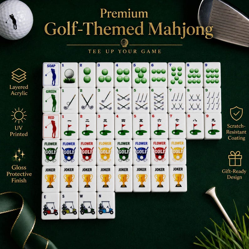 May include: A set of white mahjong tiles featuring golf-themed graphics including golf balls, clubs, flags, and trophies. The tiles are arranged in rows and columns, displaying numbers one through nine, flower labels, and joker icons with text.
