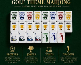 Golf Mahjong Tile Set (152/ 160 Tiles), UV Print, Custom Tile Back Logo, Unique Gift for Golf Lovers