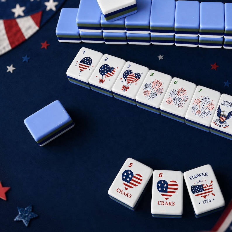 May include: A set of white mahjong tiles featuring patriotic American designs including balloons, fireworks, an eagle, and heart-shaped flags. The tiles have blue, green, and white layered bases and are arranged in rows with numerical and text labels.