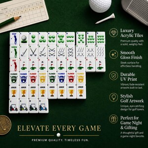 May include: A set of white acrylic mahjong tiles featuring golf-themed graphics including golf balls, clubs, flags, and trophies. The tiles are arranged in rows on a green surface, accompanied by a scorecard, a golf ball, and a tee.