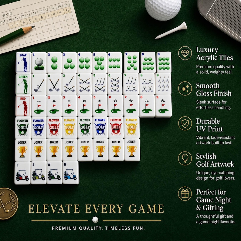 May include: A set of white acrylic mahjong tiles featuring golf-themed graphics including golf balls, clubs, flags, and trophies. The tiles are arranged in rows on a green surface, accompanied by a scorecard, a golf ball, and a tee.