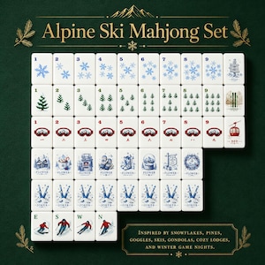 May include: An Alpine Ski Mahjong Set with white tiles featuring snowflakes, pine trees, goggles, and ski-themed images. The set includes tiles with numbers 1-9 and the text "JOKER", "FLOWER", "SOAP", and "RED". The set is inspired by winter game nights.