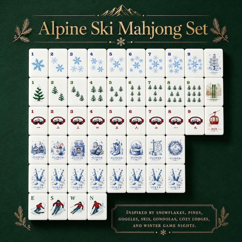Pu&ograve; includere: Un set di Mahjong Alpine Ski con tessere bianche raffiguranti fiocchi di neve, pini, occhiali e immagini a tema sci. Il set include tessere con i numeri 1-9 e il testo "JOKER", "FLOWER", "SOAP" e "RED". Ispirato alle serate di giochi invernali.