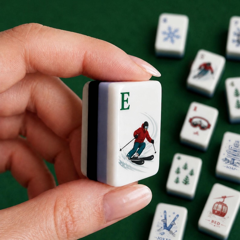 Pu&ograve; includere: Una tessera Mahjong bianca con una striscia nera, grigia e viola sul lato. La tessera presenta uno sciatore con una giacca rossa e la lettera "E". Altre tessere con varie immagini sono sullo sfondo.