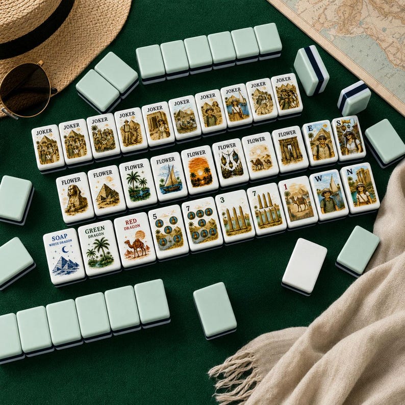 K&ouml;nnte beinhalten: Ein Set rechteckiger Mahjong-Spielsteine mit hellgr&uuml;nen R&uuml;ckseiten und wei&szlig;en Vorderseiten, die Illustrationen von Pyramiden, Kamelen, Palmen und Entdeckern zeigen. Einige Steine sind mit Texten wie Joker, Flower, Soap und Red Dragon beschriftet.