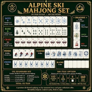 Pu&ograve; includere: Set Mahjong Alpine Ski con 152 tessere, con temi di fiocchi di neve, pini e sci. Include Draghi, Fiori, Venti e Jolly. Il set offre un'opzione da 160 tessere. Il testo sul set dice "Alpine Ski Mahjong Set".