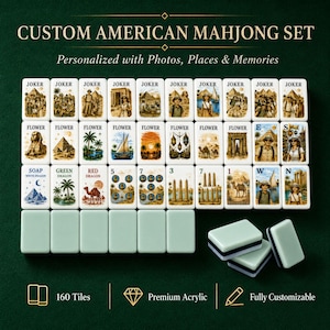 K&ouml;nnte beinhalten: Ein individuelles amerikanisches Mahjong-Set mit 160 wei&szlig;en Acryl-Spielsteinen, die mit Fotos und Reise-Illustrationen personalisiert sind. Das Set enth&auml;lt Joker-, Blumen-, Drachen- und nummerierte Steine mit Aufschriften wie JOKER, FLOWER, SOAP und Himmelsrichtungen.