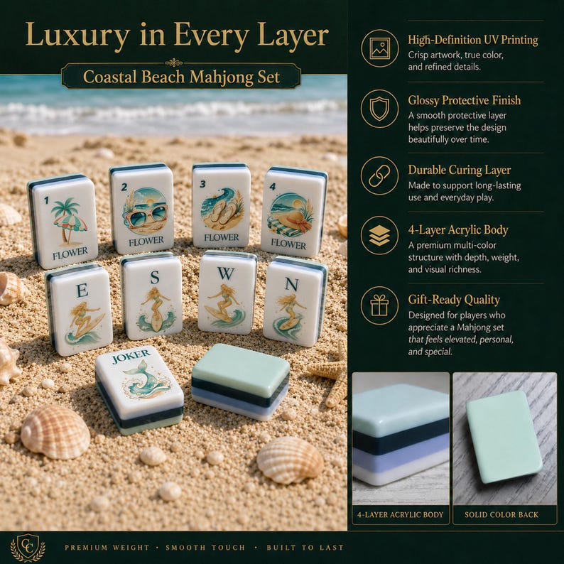 May include: A Coastal Beach Mahjong set featuring white tiles with colorful illustrations of palm trees, sunglasses, flip-flops, hats, and surfers. The tiles include text labels like Flower, E, S, W, N, and Joker. The set features a 4-layer acrylic body.