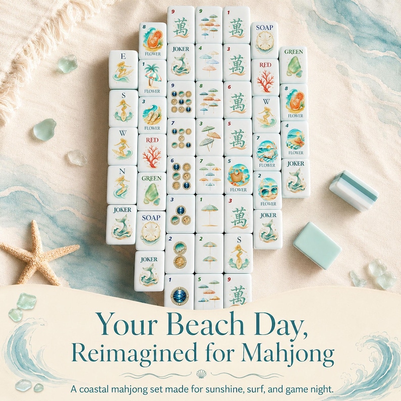 May include: A mahjong set featuring white tiles with coastal-themed illustrations including mermaids, beach umbrellas, coral, and sea glass. The tiles display numbers, Chinese characters, and the text 'JOKER', 'FLOWER', 'SOAP', 'RED', 'GREEN', 'W', 'S', 'N', 'E'.